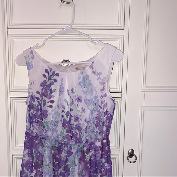 white and purple floral dress